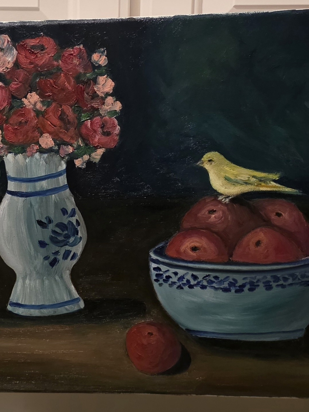 Blue-and-White Vase Floral Still Life with Yellow Bird
